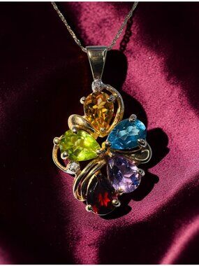 VINTAGE- 10K Gold -Multicolor Necklace -19" Natural Citrine Garnet Amethyst  -3g